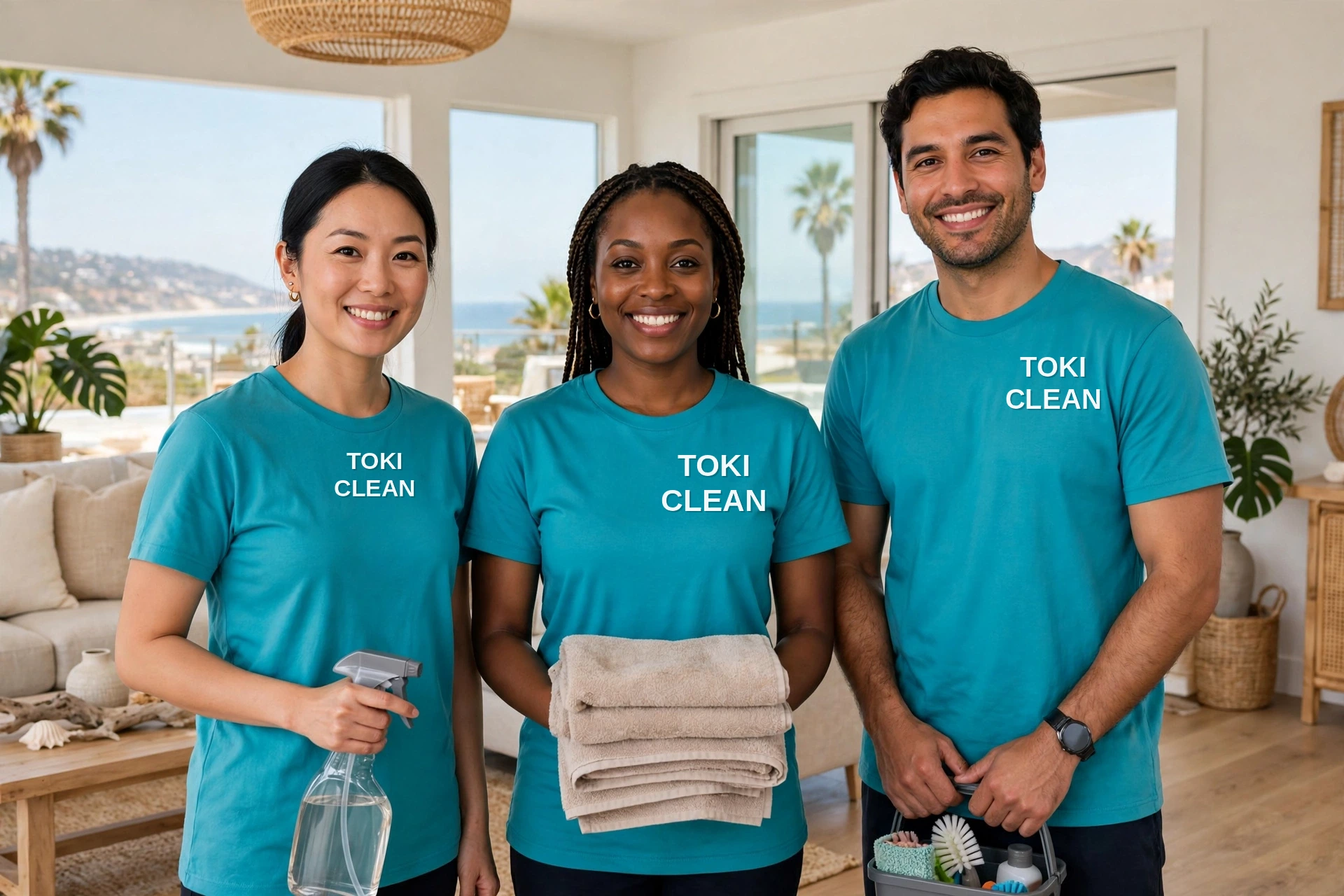The Toki Clean team in matching turquoise Toki Clean t-shirts, smiling in a bright South Bay living room with cleaning supplies