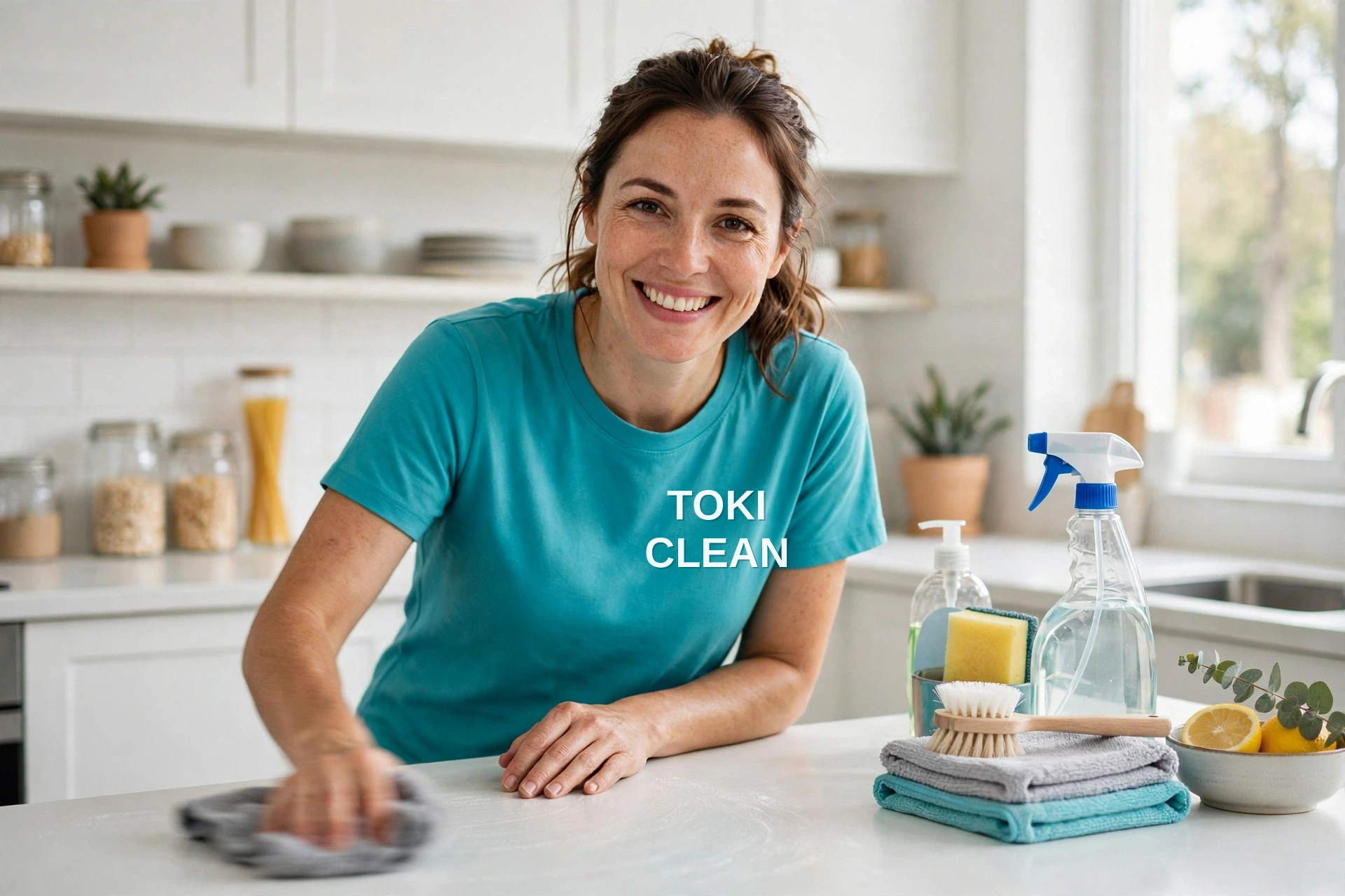 A Toki Clean cleaner in a turquoise Toki Clean t-shirt polishing a kitchen countertop